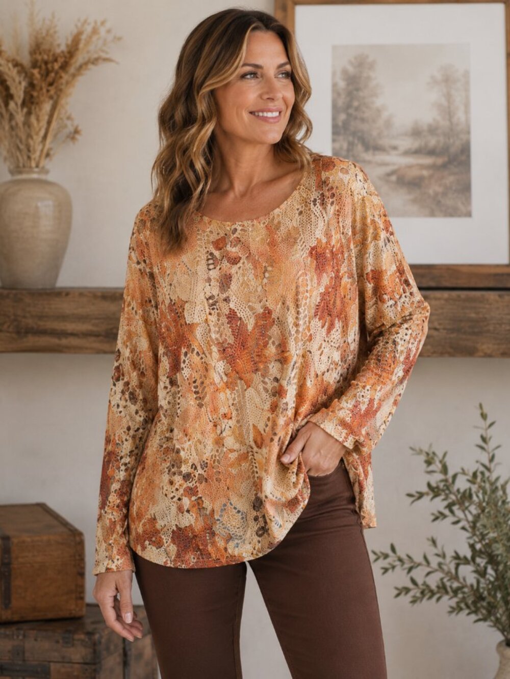 Fall Colors Beige Brown Leaf Print Open Knit Sweater Large NEW